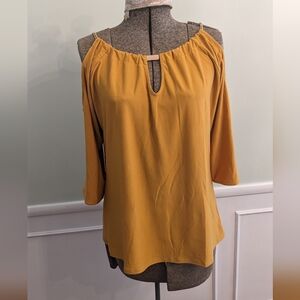 Wrapper Mustard Yellow Peek-a-boo Shoulder Top, Gold Chain neckline. Size L